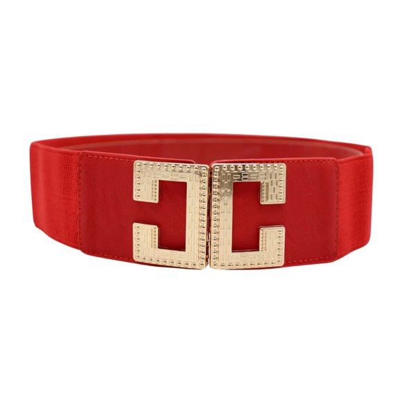 Women Red Elastic Hip High Waist Fashion Belt Big Gold Metal C Buckle Size S M - Picture 3 of 17